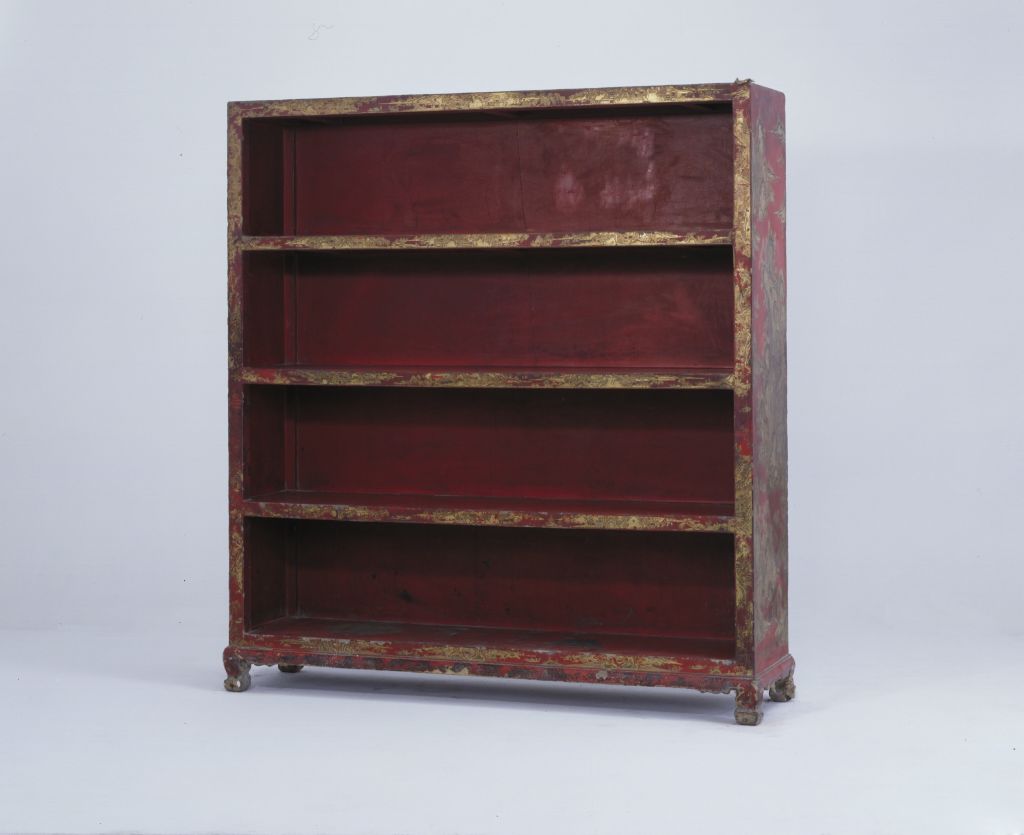 红漆描金山水图书格